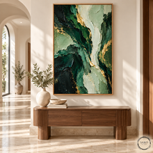 Load image into Gallery viewer, Emerald Abstract Painting in Sunlit Hallway.png