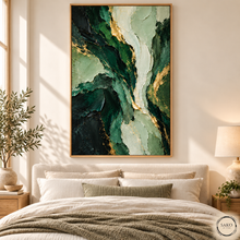 Load image into Gallery viewer, Emerald Abstraction Above a Linen Headboard.png