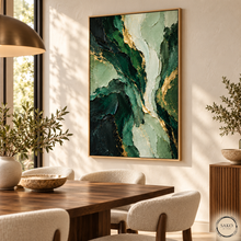 Load image into Gallery viewer, Emerald abstract painting in modern dining room.png