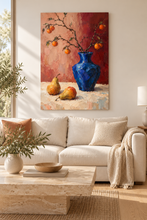 Load image into Gallery viewer, Cobalt Blue Vase and Pears Still Life Painting — room interior 1
