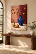 Load image into Gallery viewer, Cobalt Blue Vase and Pears Still Life Painting — room interior 2