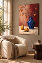 Load image into Gallery viewer, Cobalt Blue Vase and Pears Still Life Painting — room interior 4
