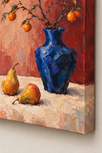 Load image into Gallery viewer, Cobalt Blue Vase and Pears Still Life Painting — painted texture detail 1