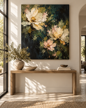 Load image into Gallery viewer, Night Garden Floral Painting in Blush and Ivory — room interior 3