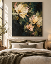 Load image into Gallery viewer, Night Garden Floral Painting in Blush and Ivory — room interior 4