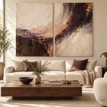 Load image into Gallery viewer, Smoky Aubergine Arc Abstract Diptych — room interior 1