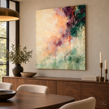 Load image into Gallery viewer, Apricot Mist and Emerald Abstract Painting — room interior 2