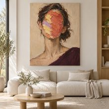 Load image into Gallery viewer, Coral and Lilac Impasto Woman Portrait Painting — room interior 1