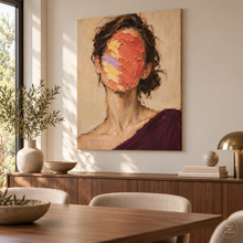 Load image into Gallery viewer, Coral and Lilac Impasto Woman Portrait Painting — room interior 2