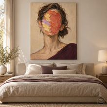 Load image into Gallery viewer, Coral and Lilac Impasto Woman Portrait Painting — room interior 3