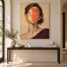 Load image into Gallery viewer, Coral and Lilac Impasto Woman Portrait Painting — room interior 4